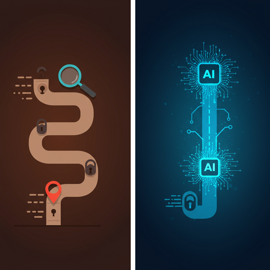 Illustrates the speed and predictive nature of AI in cybersecurity, contrasting manual, slow processes with automated, rapid detection.