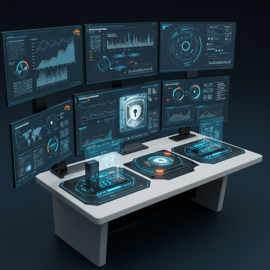 Visualizes the concept of AI-powered automated incident response (SOAR) and data loss prevention (DLP), showing integrated security tools.
