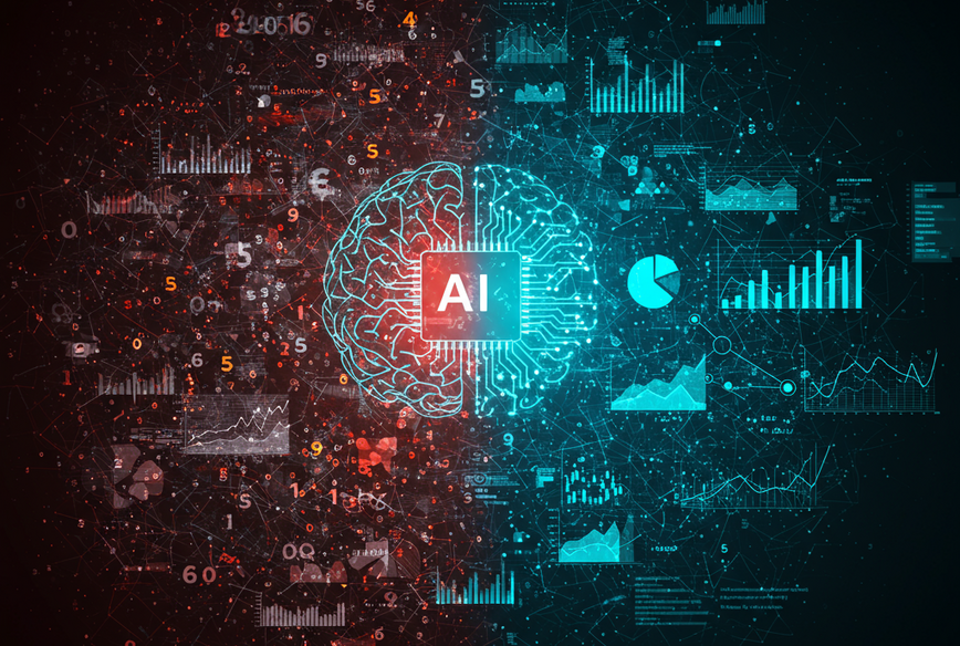 A visual metaphor showing raw, chaotic data being transformed into clear, organized insights by an artificial intelligence network, representing the power of AI in data analysis.
