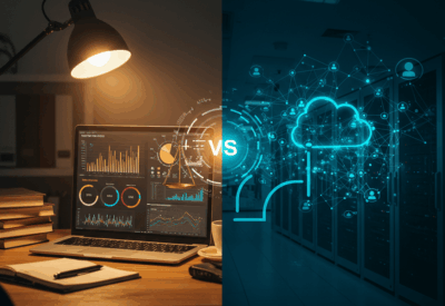 Visual representation of internal vs. outsourced data analysis, showing an in-house desk setup on one side and a vast, interconnected digital network on the other, symbolizing a strategic choice.