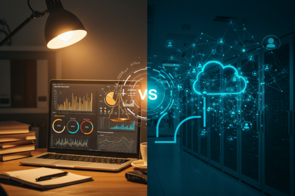 Visual representation of internal vs. outsourced data analysis, showing an in-house desk setup on one side and a vast, interconnected digital network on the other, symbolizing a strategic choice.