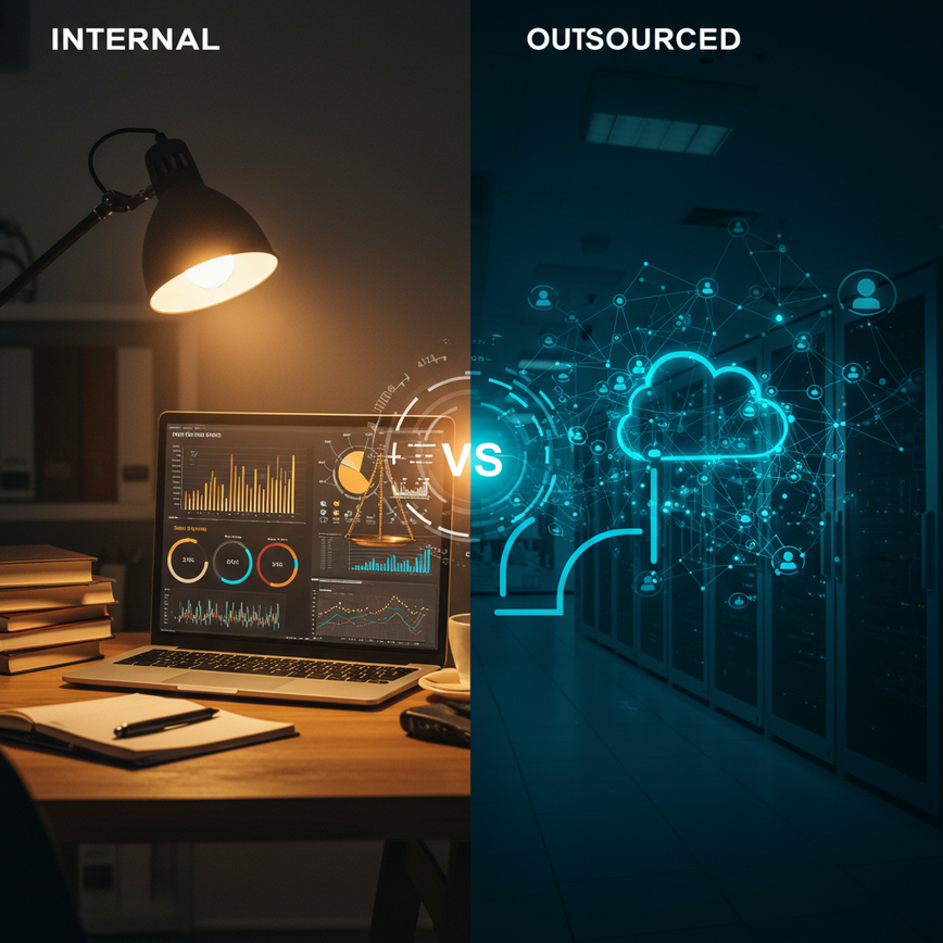 Visual representation of internal vs. outsourced data analysis, showing an in-house desk setup on one side and a vast, interconnected digital network on the other, symbolizing a strategic choice.