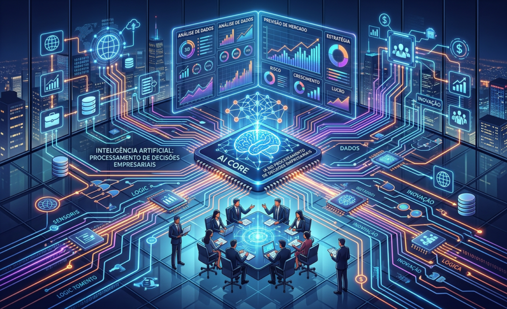 Circuitos digitais representando o processamento de inteligência artificial em decisões empresariais