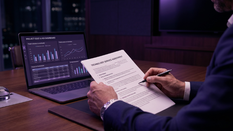 critérios para escolher cloud para empresas — gestor analisando proposta de fornecedor de tecnologia