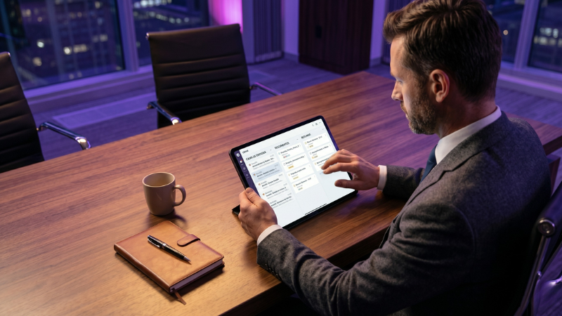 Profissional de negócios com tablet ou notebook, múltiplas tarefas organizadas visíveis na tela — e-mails, documentos, resumos. Ambiente corporativo iluminado com luz natural e toques de roxo. Expressa eficiência e organização, não tecnologia em si.