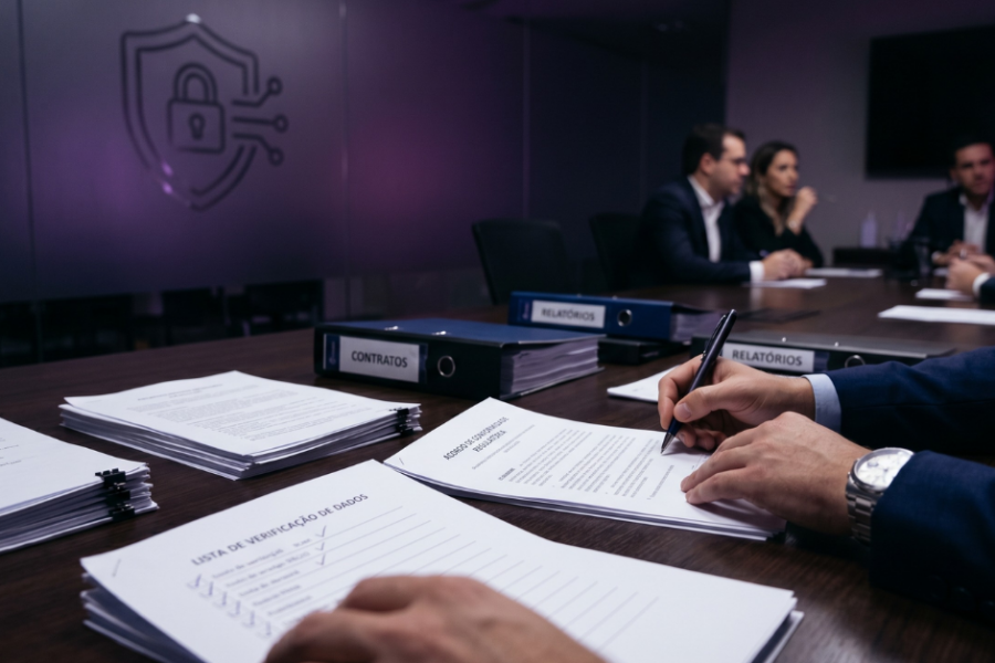 LGPD para pequenas empresas — gestor revisando documentos de compliance e proteção de dados em reunião