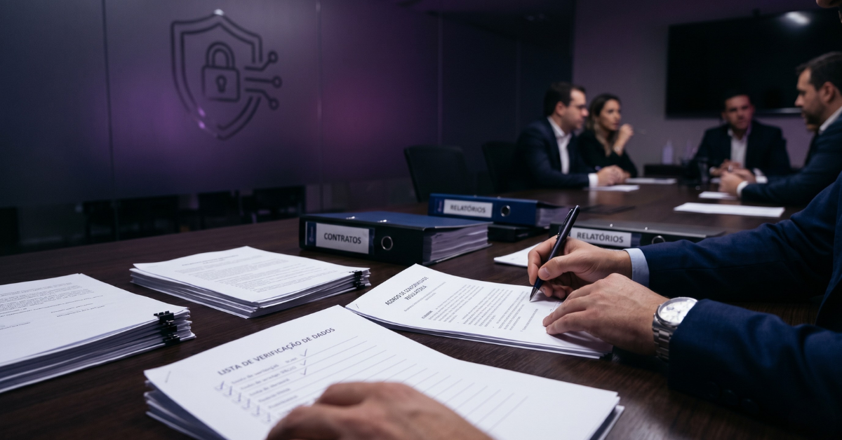 LGPD para pequenas empresas — gestor revisando documentos de compliance e proteção de dados em reunião