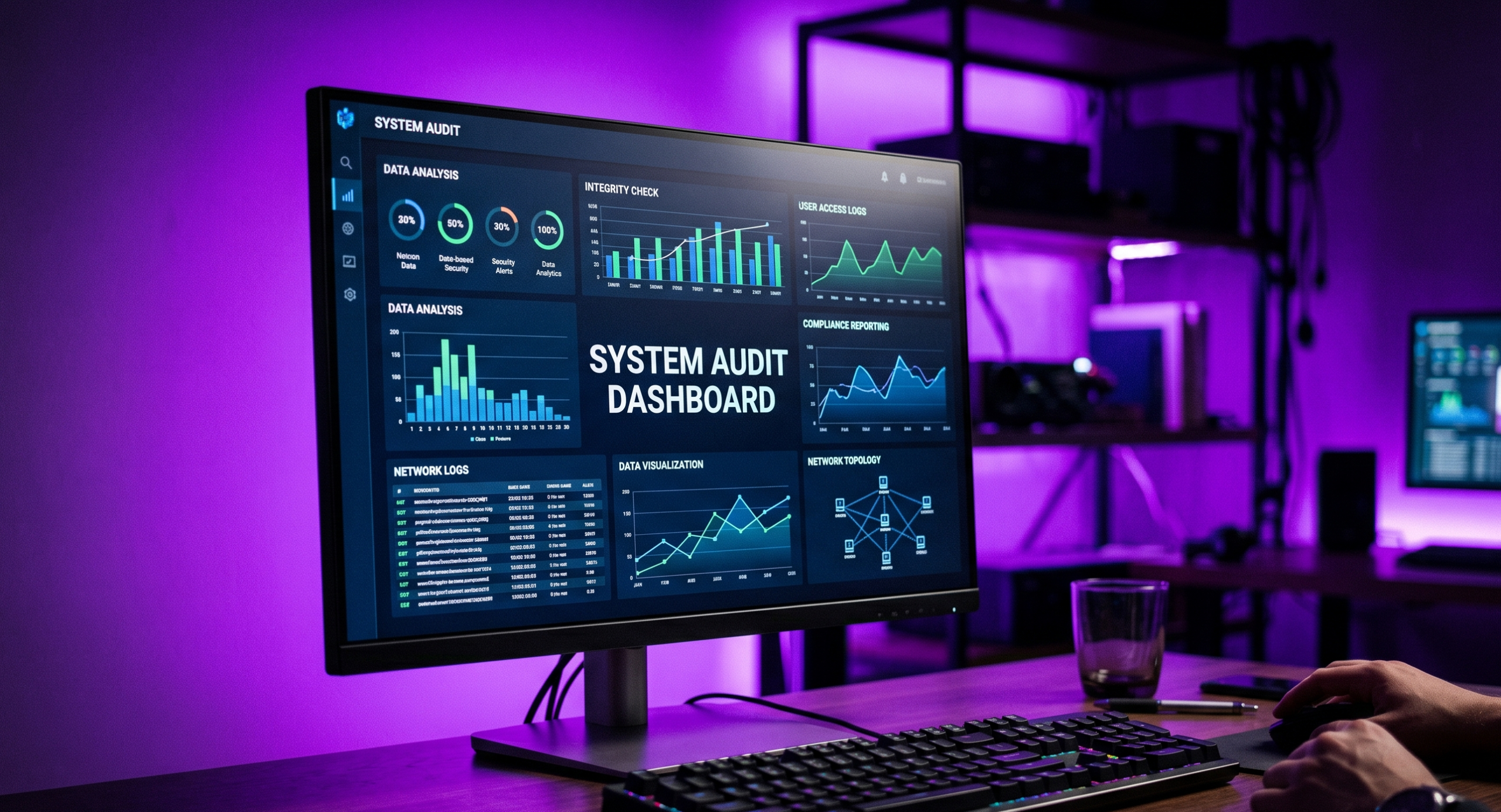 Tela de computador com luz roxa ao fundo representando análise de dados e auditoria de sistemas digitais