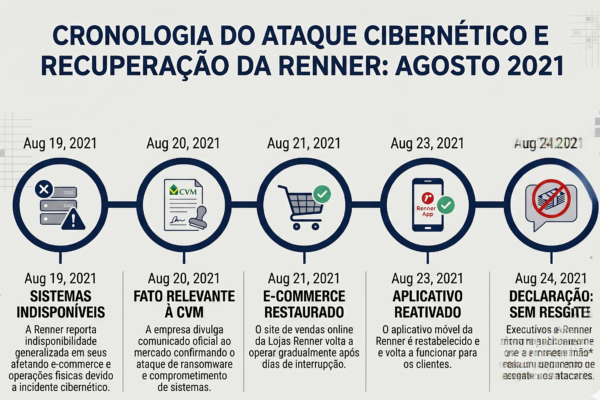 Linha do tempo dos 5 dias da resposta da Lojas Renner ao ataque de ransomware, de 19 a 24 de agosto de 2021.